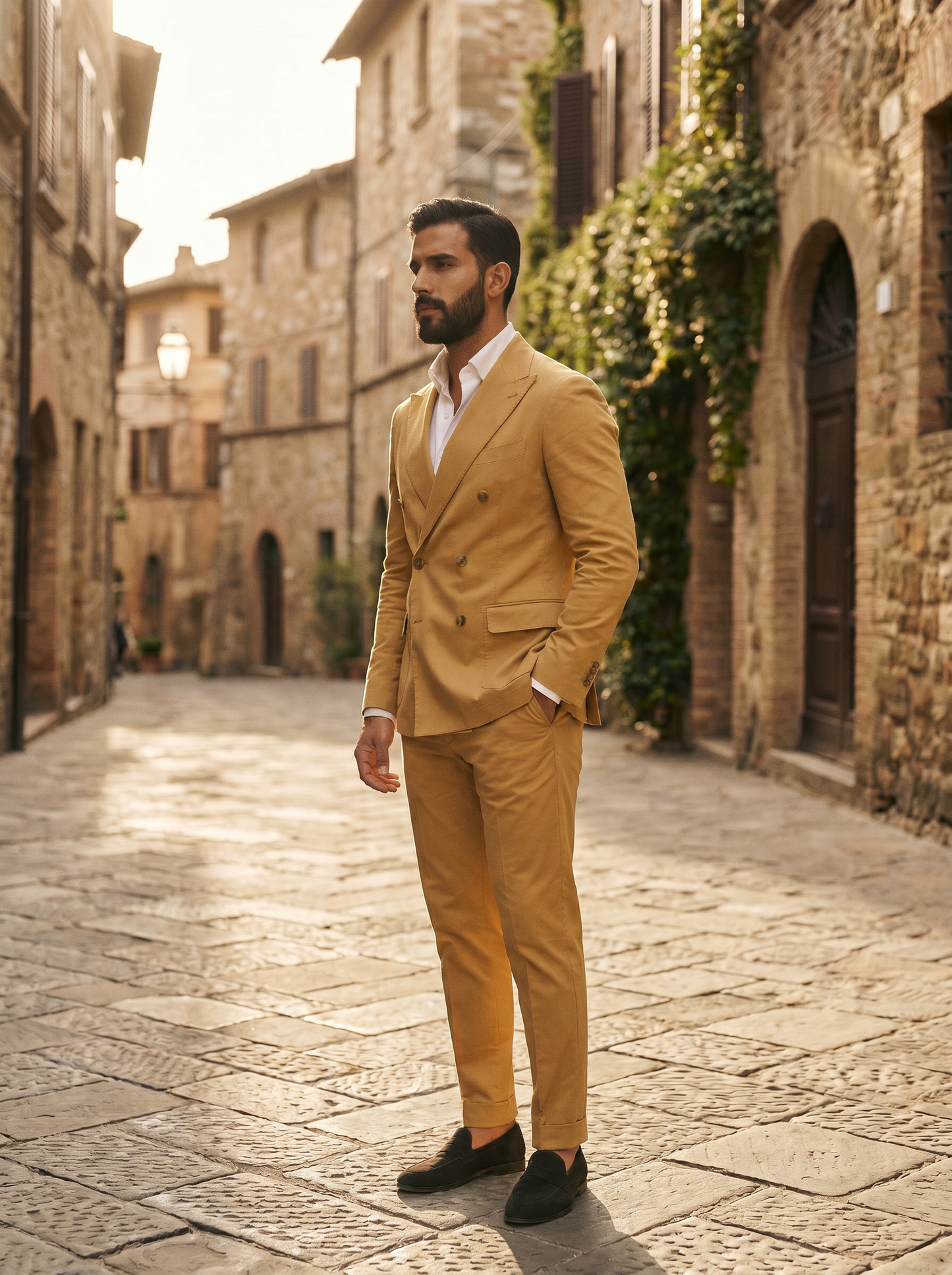 Gold Cotton Double Breasted Suit — Custom Made to Measure - side view