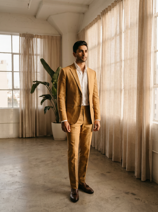 Gold Cotton Groomsmen Suit — Custom Made to Measure - front view