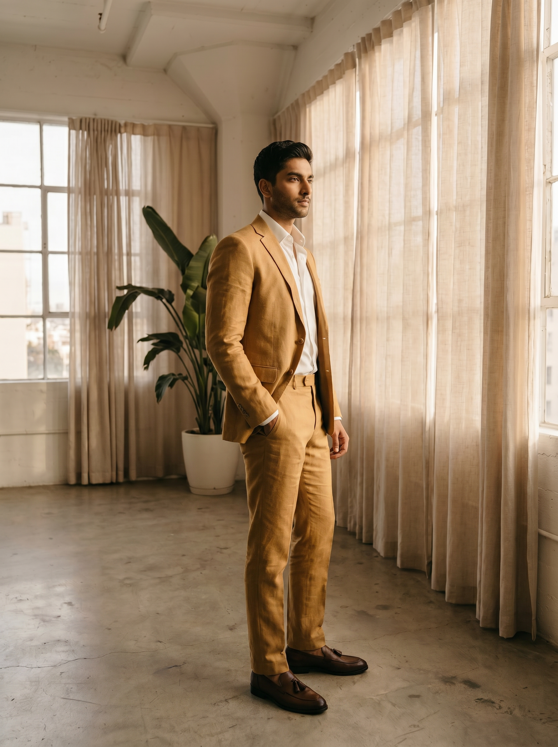 Gold Cotton Groomsmen Suit — Custom Made to Measure - side view