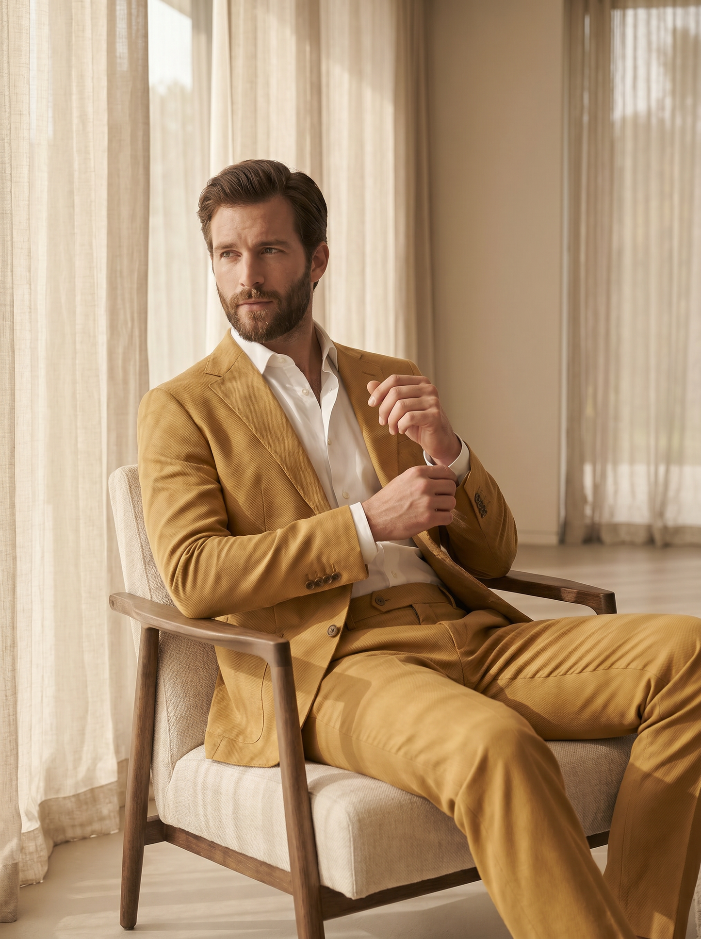 Gold Cotton Suit — Custom Made to Measure - seated view