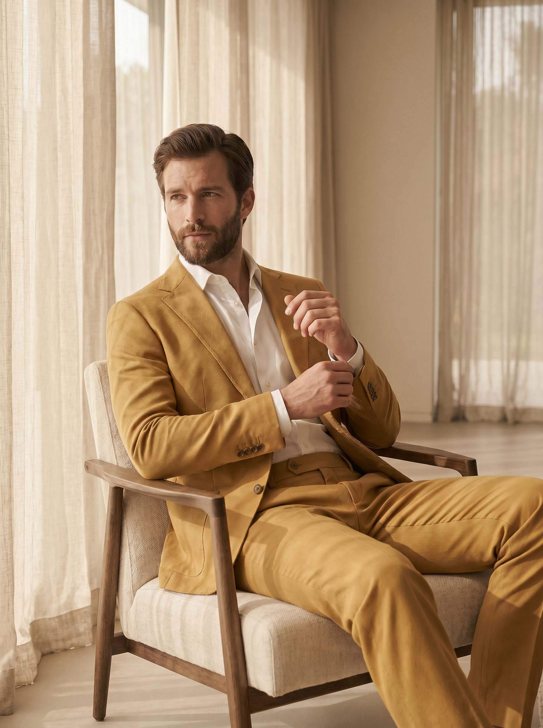 Gold Cotton Suit — Custom Made to Measure - seated view