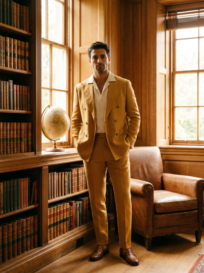 Gold Linen Double Breasted Suit — Custom Made to Measure - front view