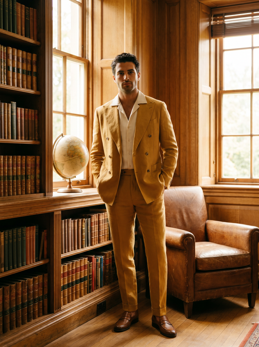 Gold Linen Double Breasted Suit — Custom Made to Measure - front view
