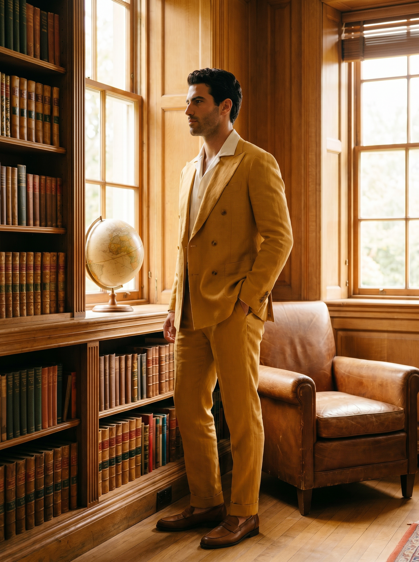 Gold Linen Double Breasted Suit — Custom Made to Measure - side view