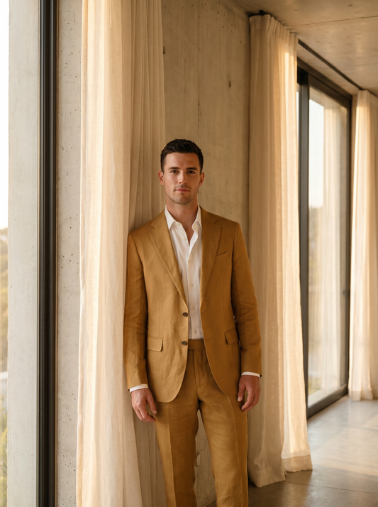 Gold Linen Groomsmen Suit — Custom Made to Measure - front view