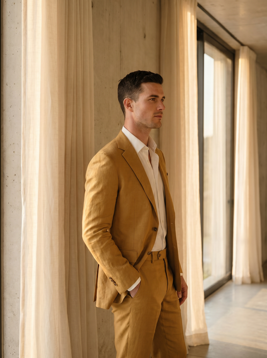 Gold Linen Groomsmen Suit — Custom Made to Measure - side view