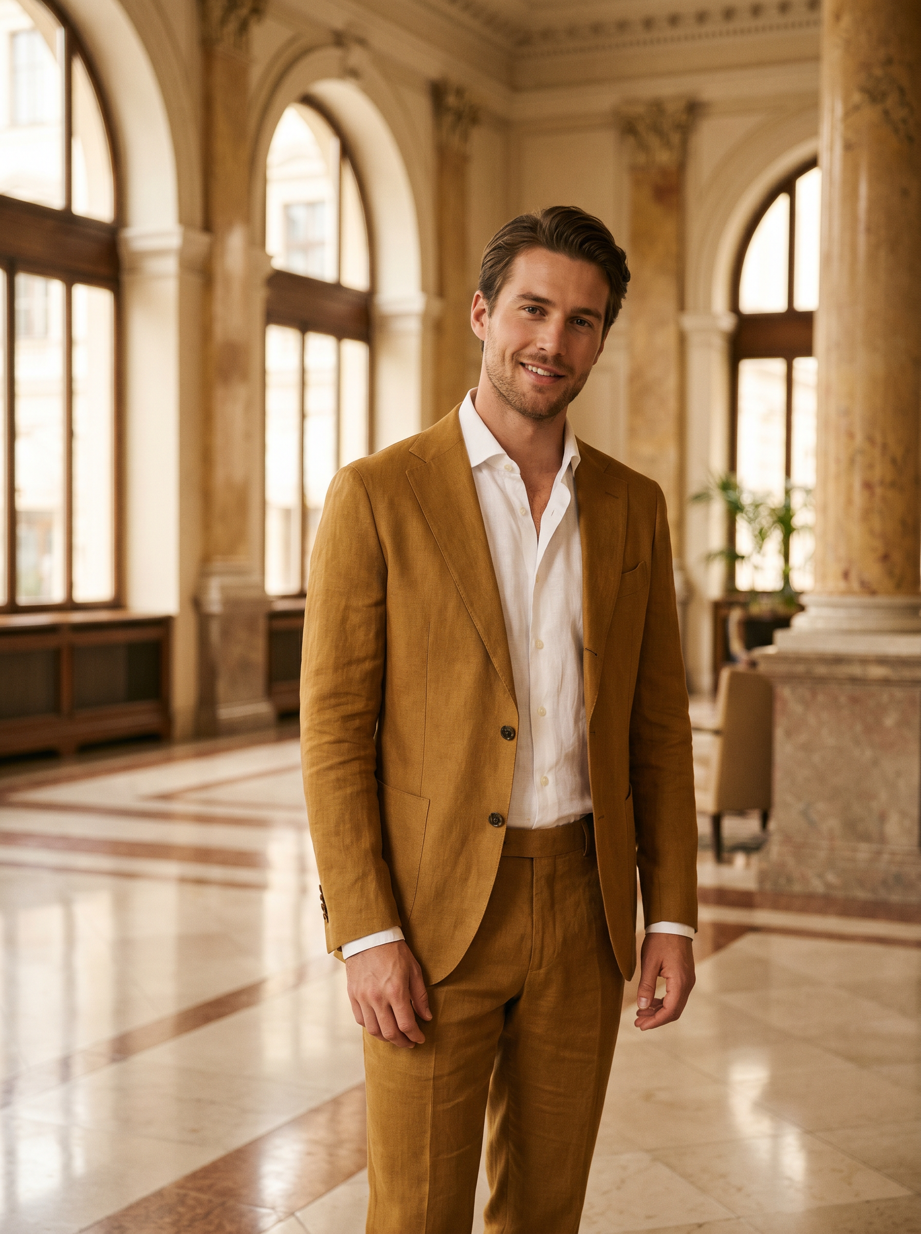 Gold Linen Suit — Custom Made to Measure - front view