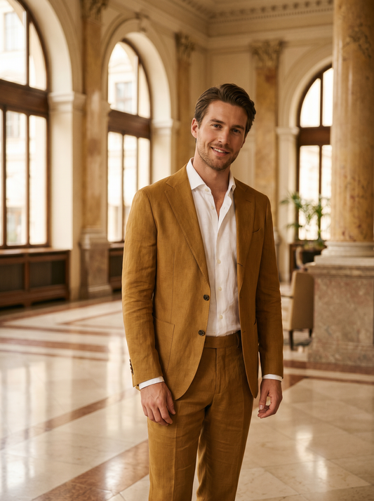 Gold Linen Suit — Custom Made to Measure - front view