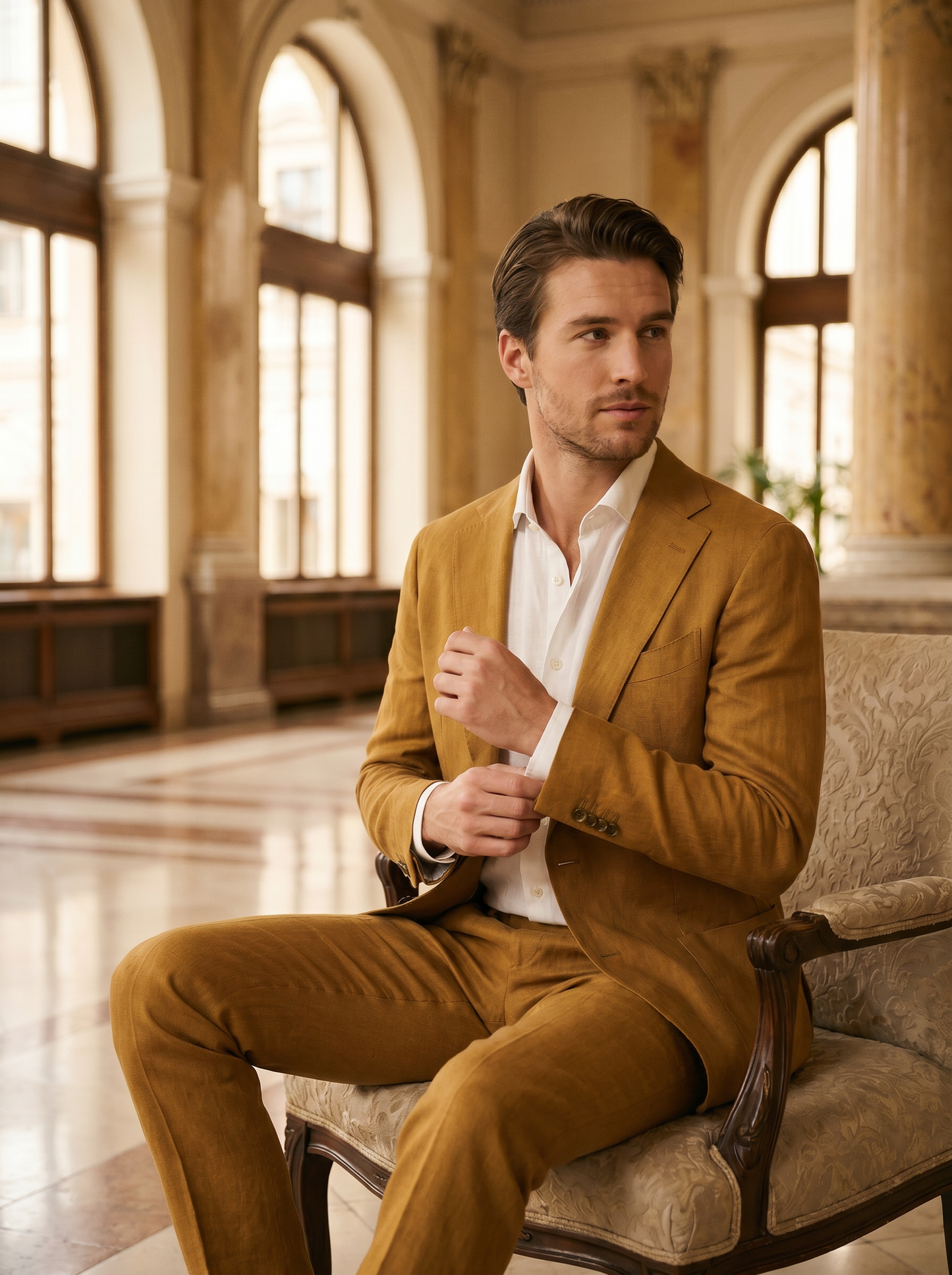 Gold Linen Suit — Custom Made to Measure - seated view