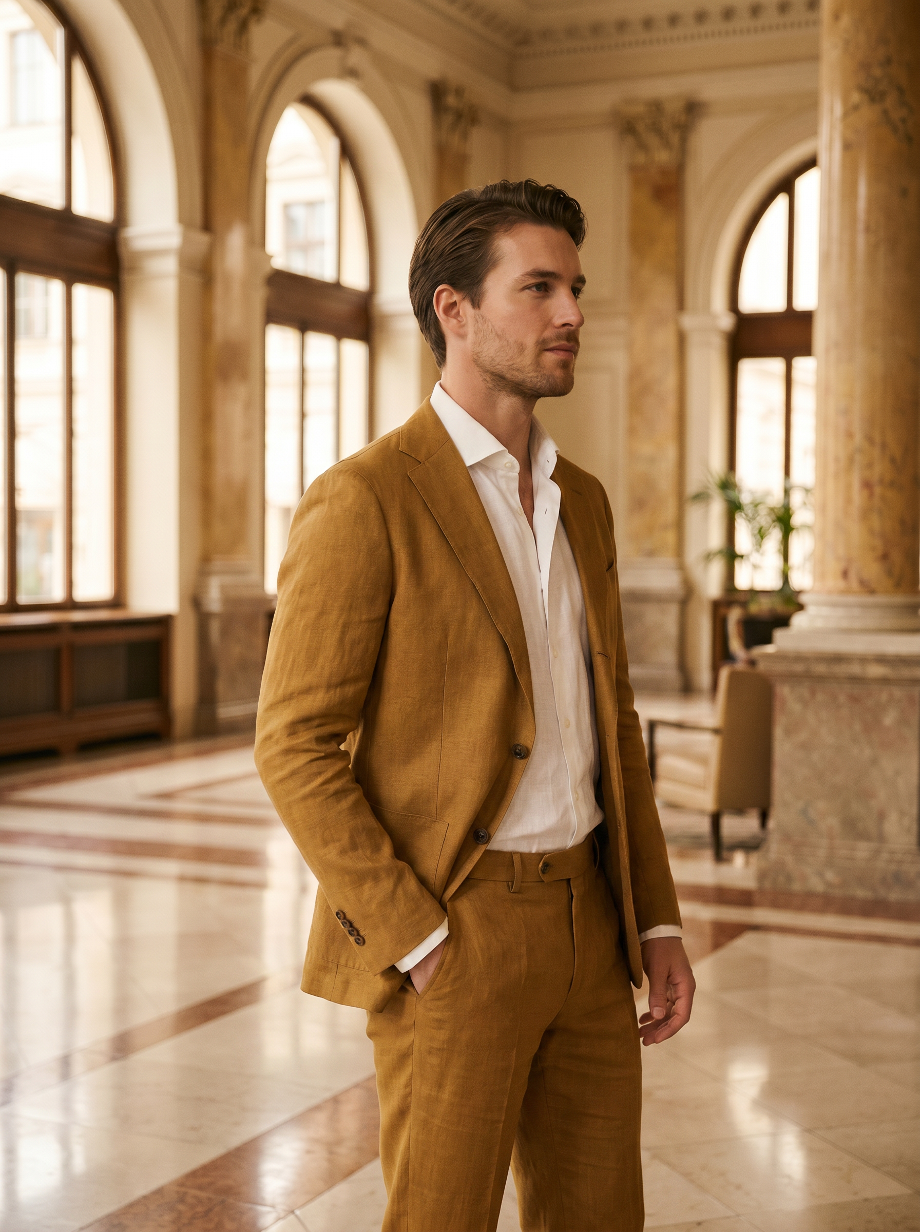 Gold Linen Suit — Custom Made to Measure - side view