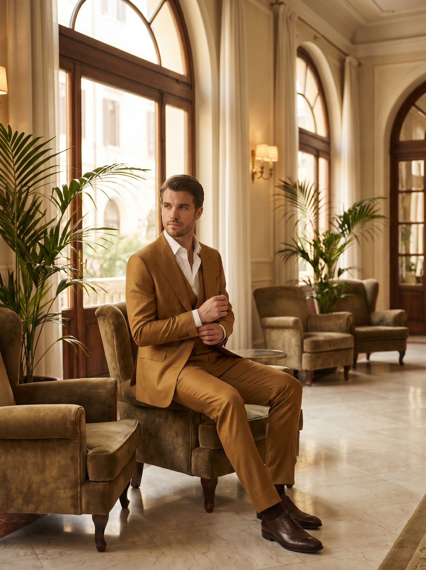 Gold Silk Blend 3-Piece Suit — Custom Made to Measure - seated view