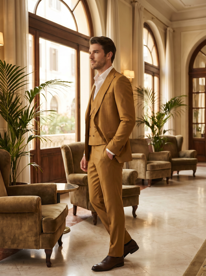 Gold Silk Blend 3-Piece Suit — Custom Made to Measure - side view