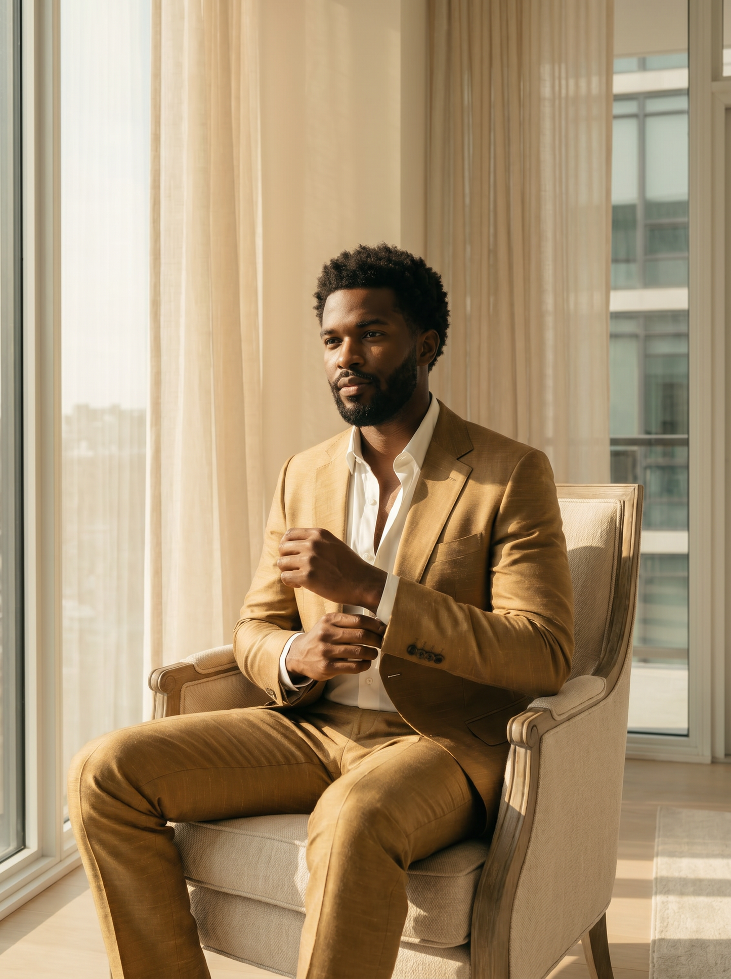 Gold Silk Blend Suit — Custom Made to Measure - seated view