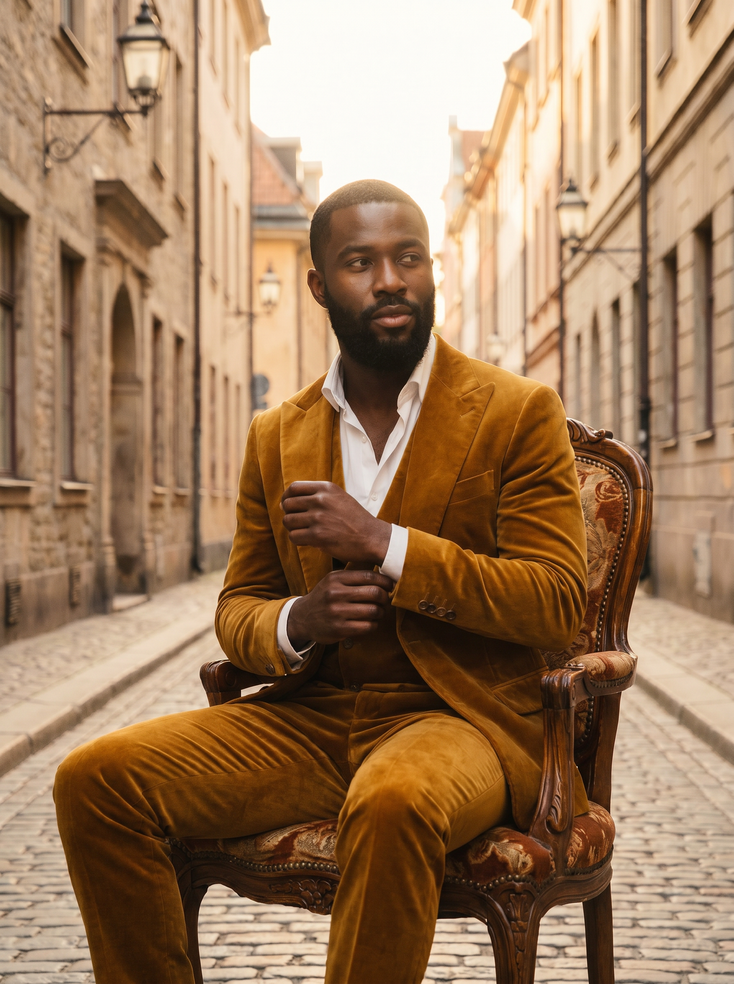 Gold Velvet 3-Piece Suit — Custom Made to Measure - seated view