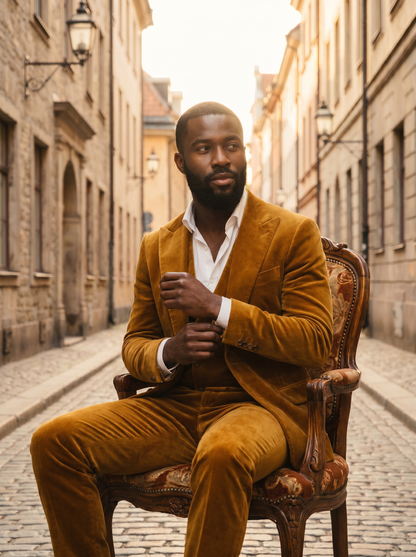 Gold Velvet 3-Piece Suit — Custom Made to Measure - seated view