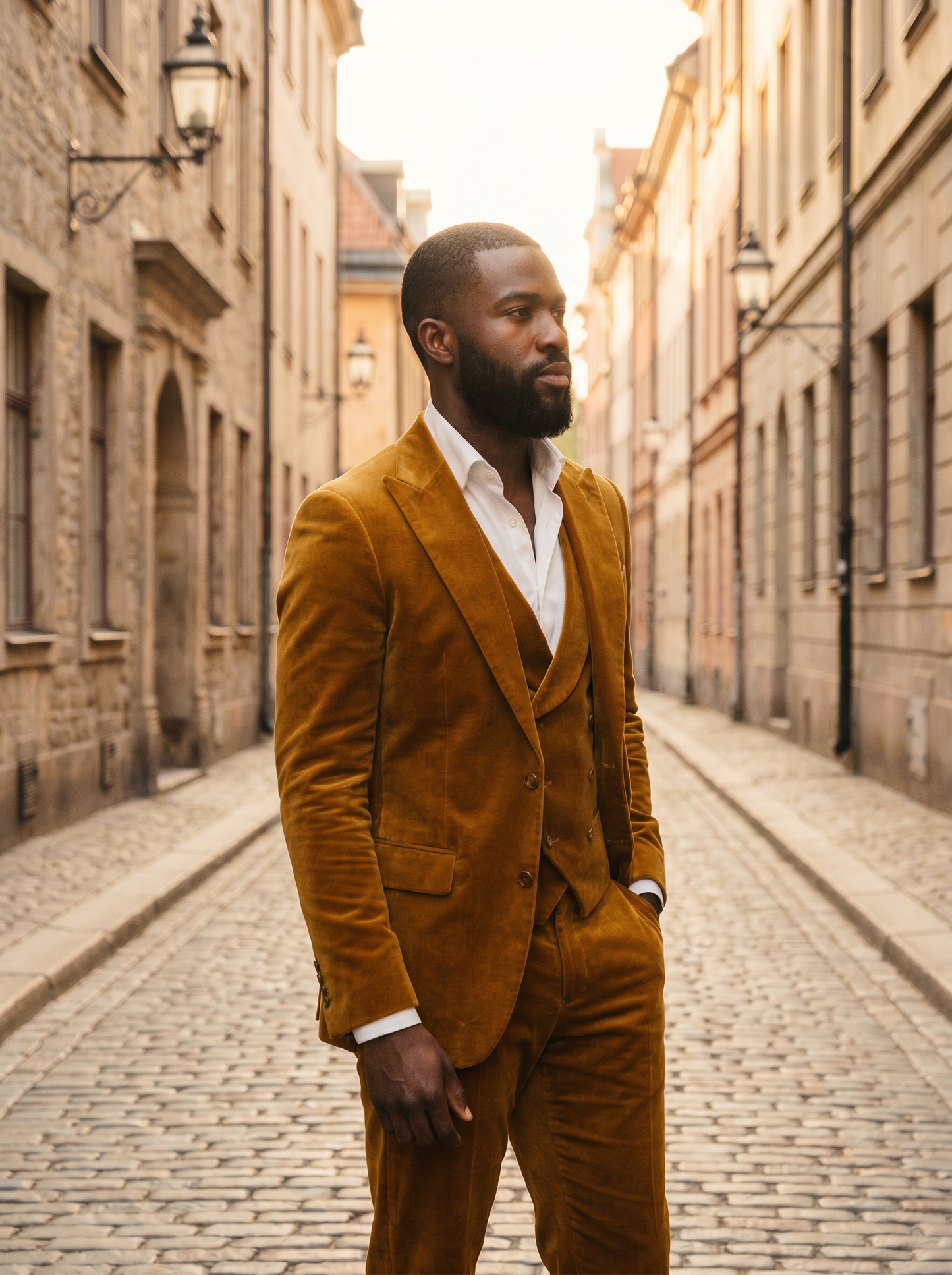 Gold Velvet 3-Piece Suit — Custom Made to Measure - side view