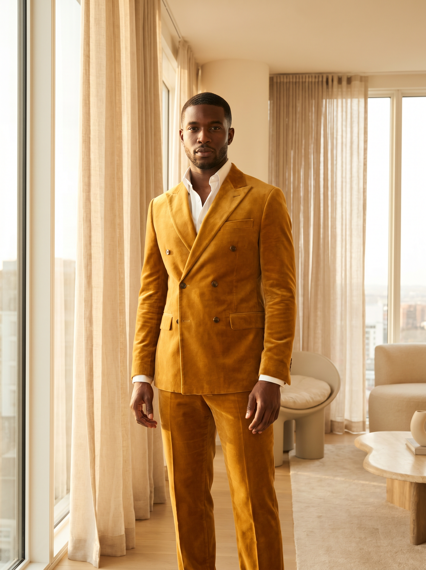 Gold Velvet Double Breasted Suit — Custom Made to Measure - front view