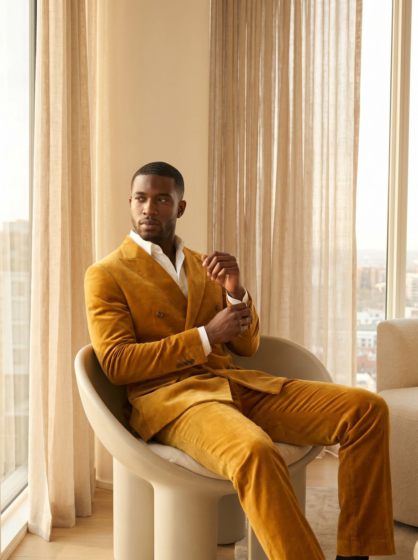 Gold Velvet Double Breasted Suit — Custom Made to Measure - seated view
