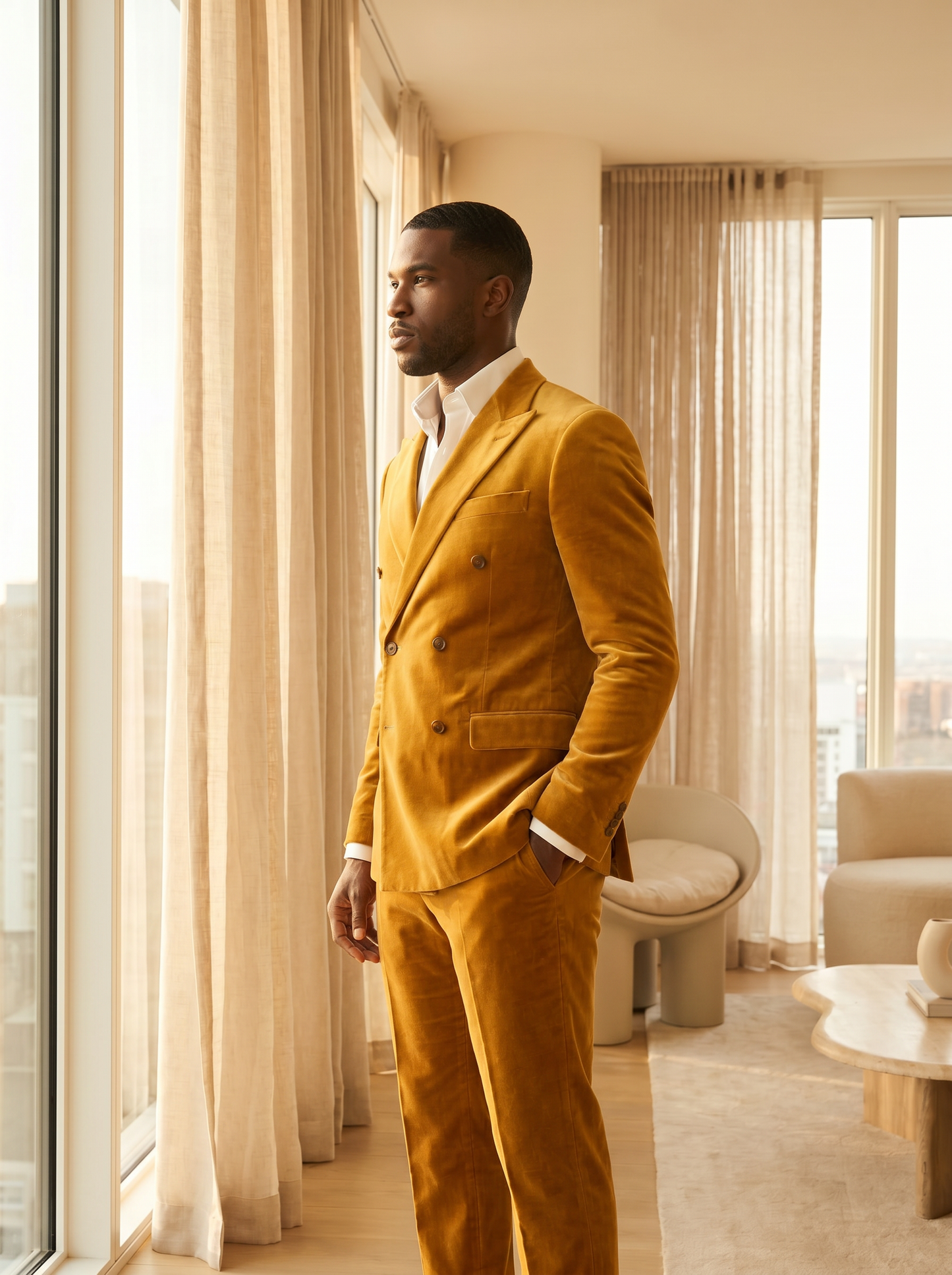 Gold Velvet Double Breasted Suit — Custom Made to Measure - side view