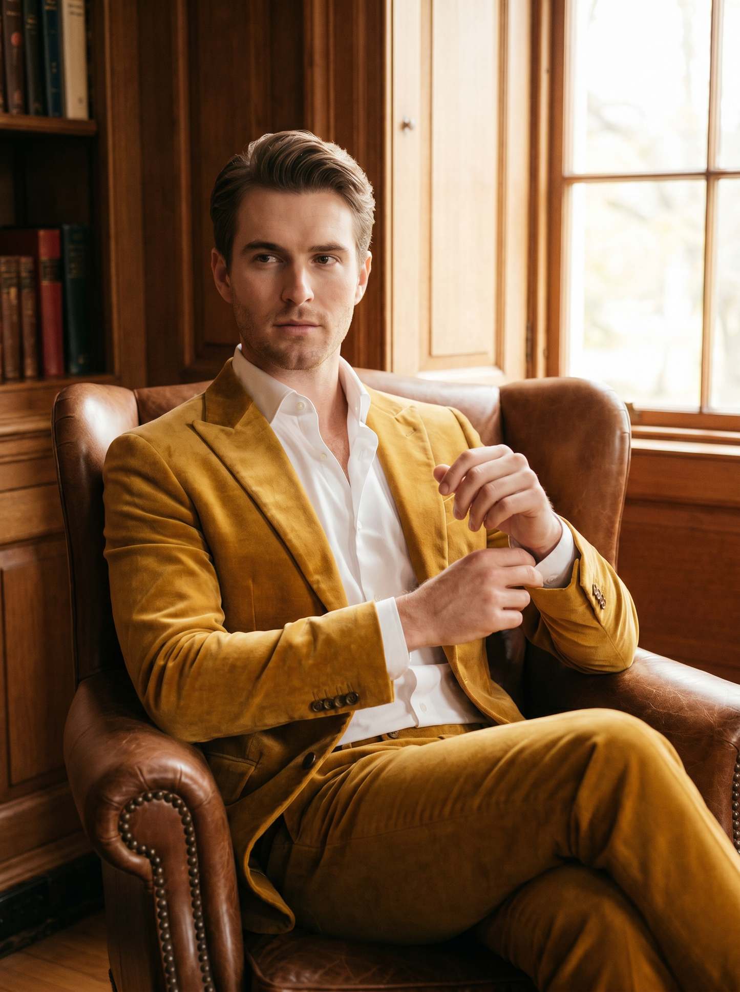 Gold Velvet Suit — Custom Made to Measure - seated view