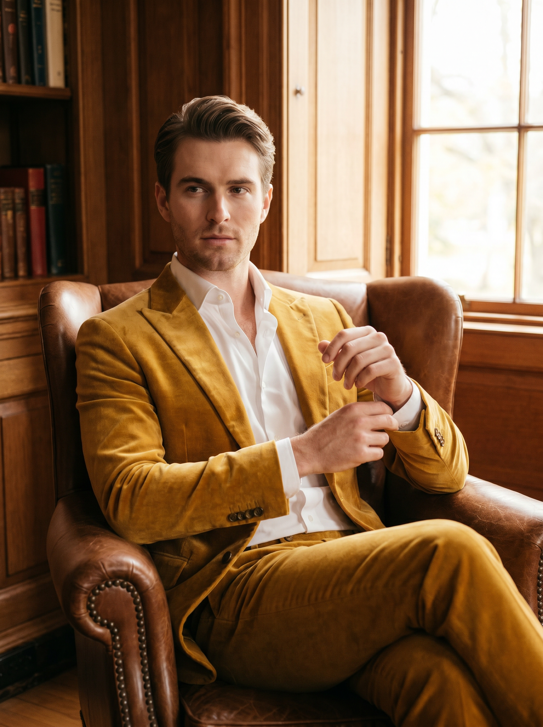 Gold Velvet Suit — Custom Made to Measure - seated view