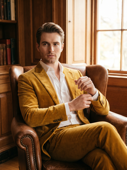 Gold Velvet Suit — Custom Made to Measure - seated view