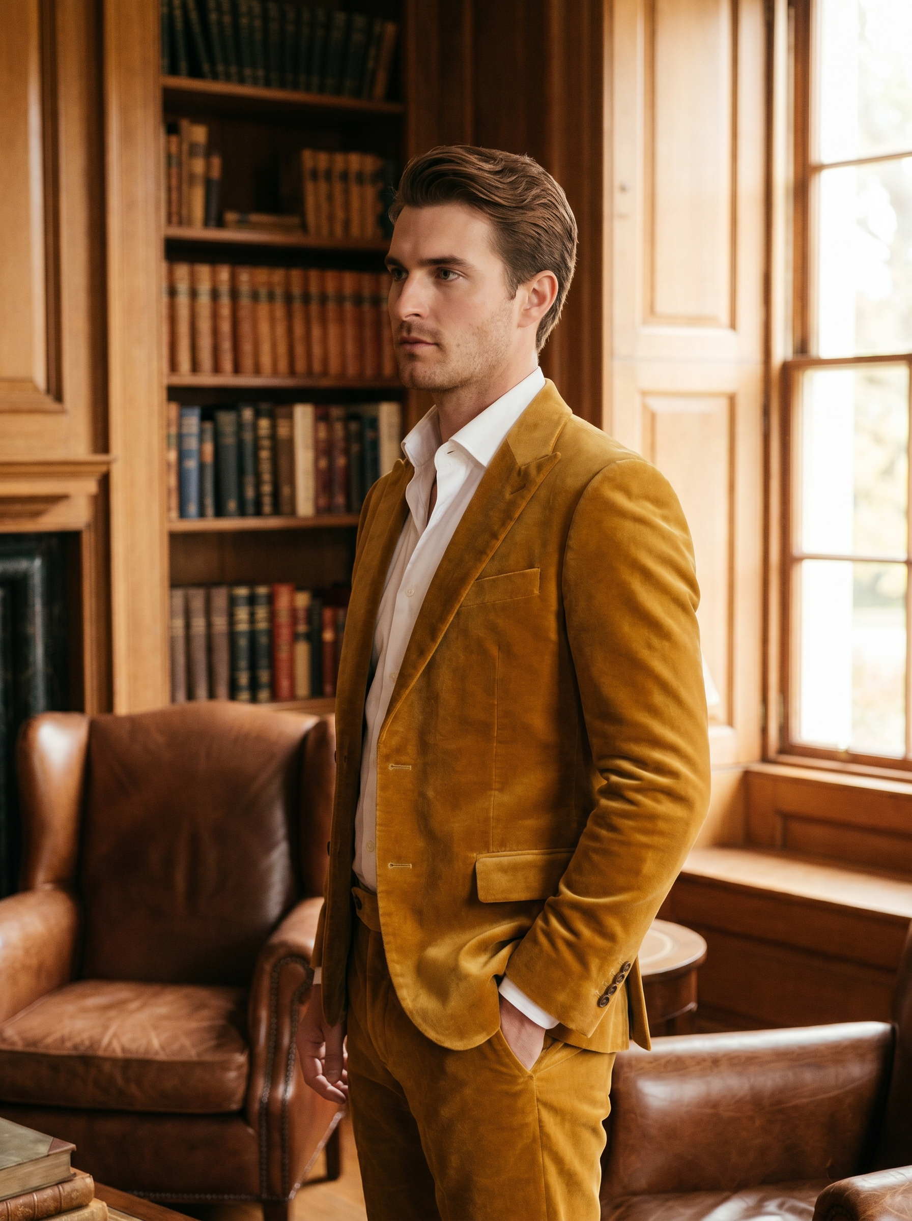 Gold Velvet Suit — Custom Made to Measure - side view