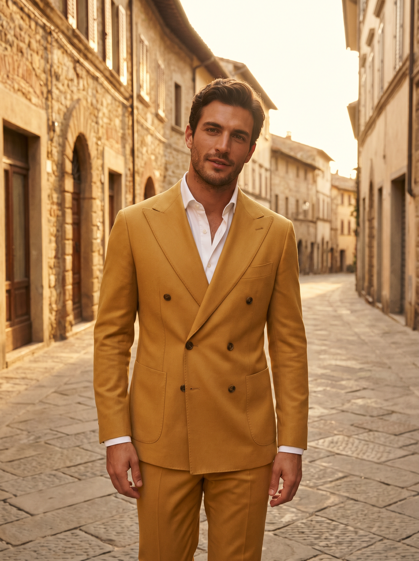 Gold Wool Double Breasted Suit — Custom Made to Measure - front view