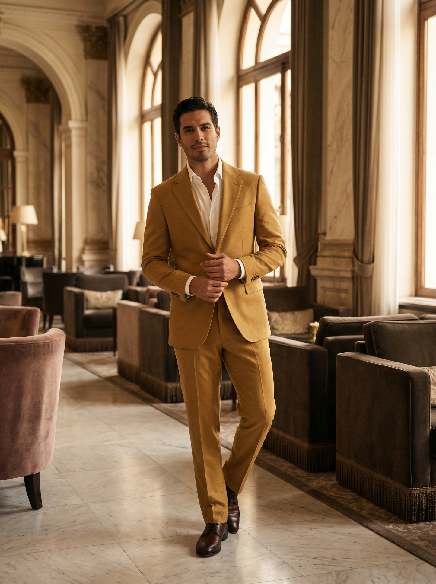 Gold Wool Groomsmen Suit — Custom Made to Measure - front view