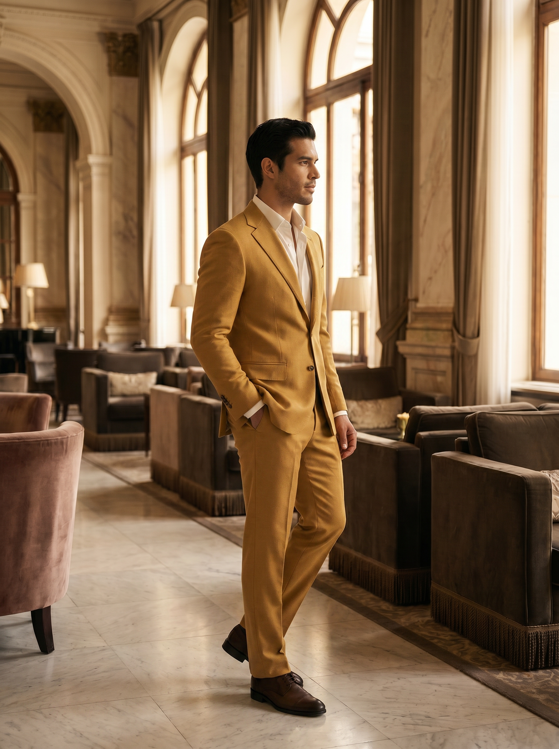 Gold Wool Groomsmen Suit — Custom Made to Measure - side view