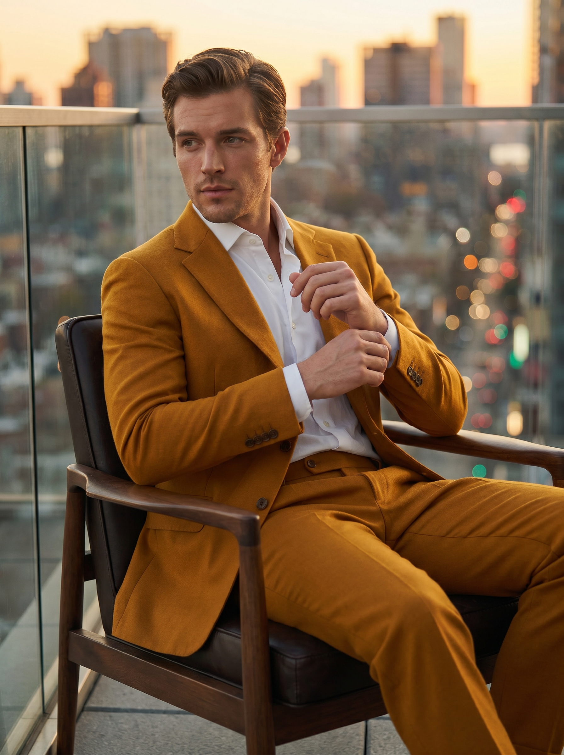 Gold Wool Suit — Custom Made to Measure - seated view