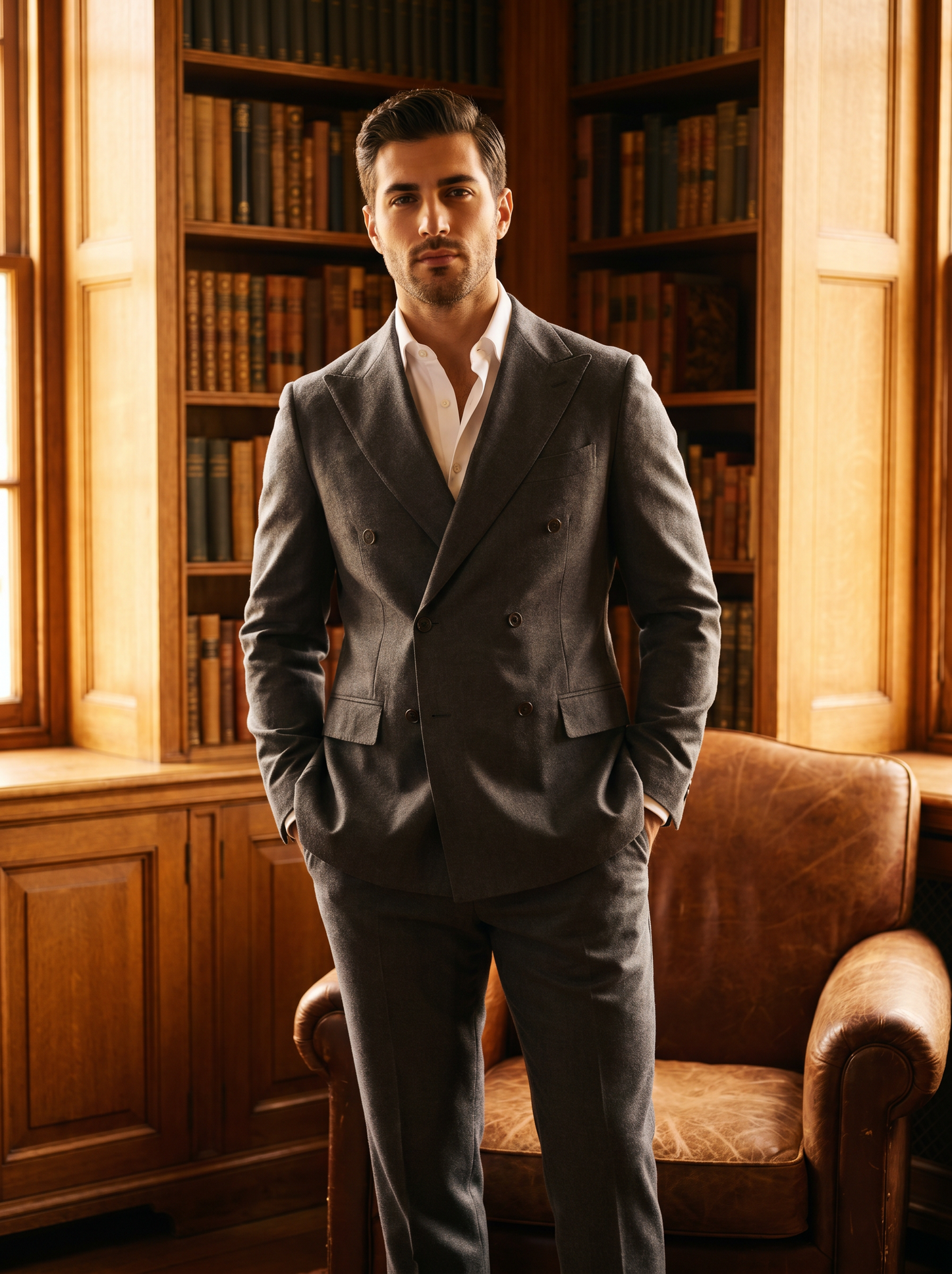 Graphite Gray Cotton Double Breasted Suit — Custom Made to Measure - front view