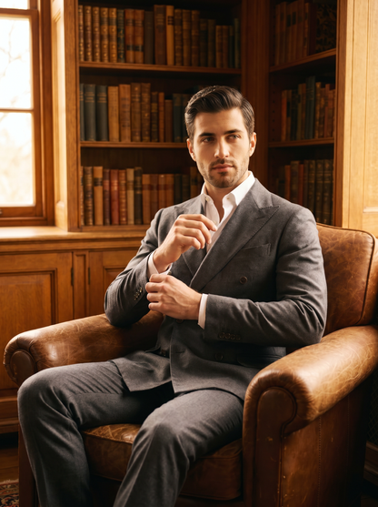 Graphite Gray Cotton Double Breasted Suit — Custom Made to Measure - seated view