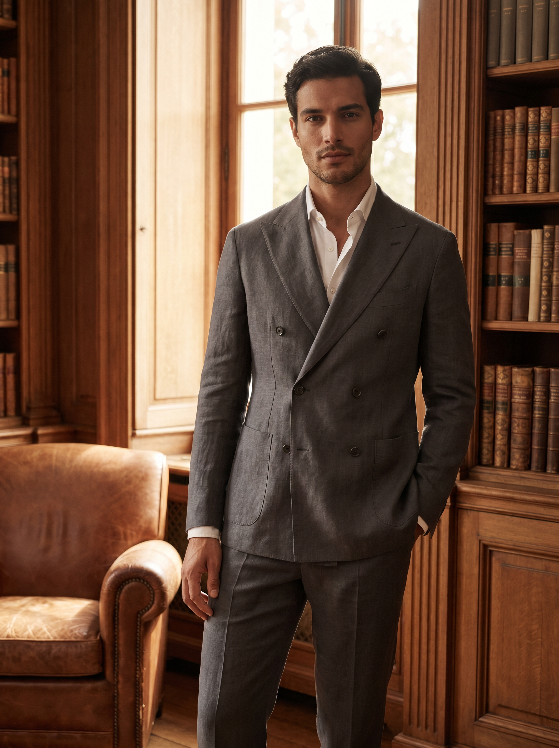 Graphite Gray Linen Double Breasted Suit — Custom Made to Measure - front view