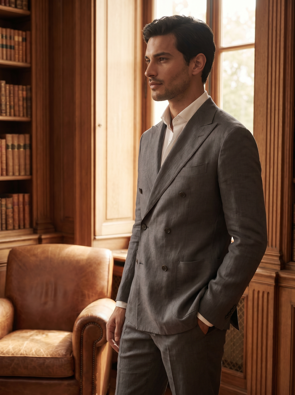 Graphite Gray Linen Double Breasted Suit — Custom Made to Measure - side view