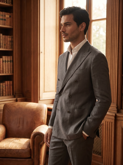 Graphite Gray Linen Double Breasted Suit — Custom Made to Measure - side view