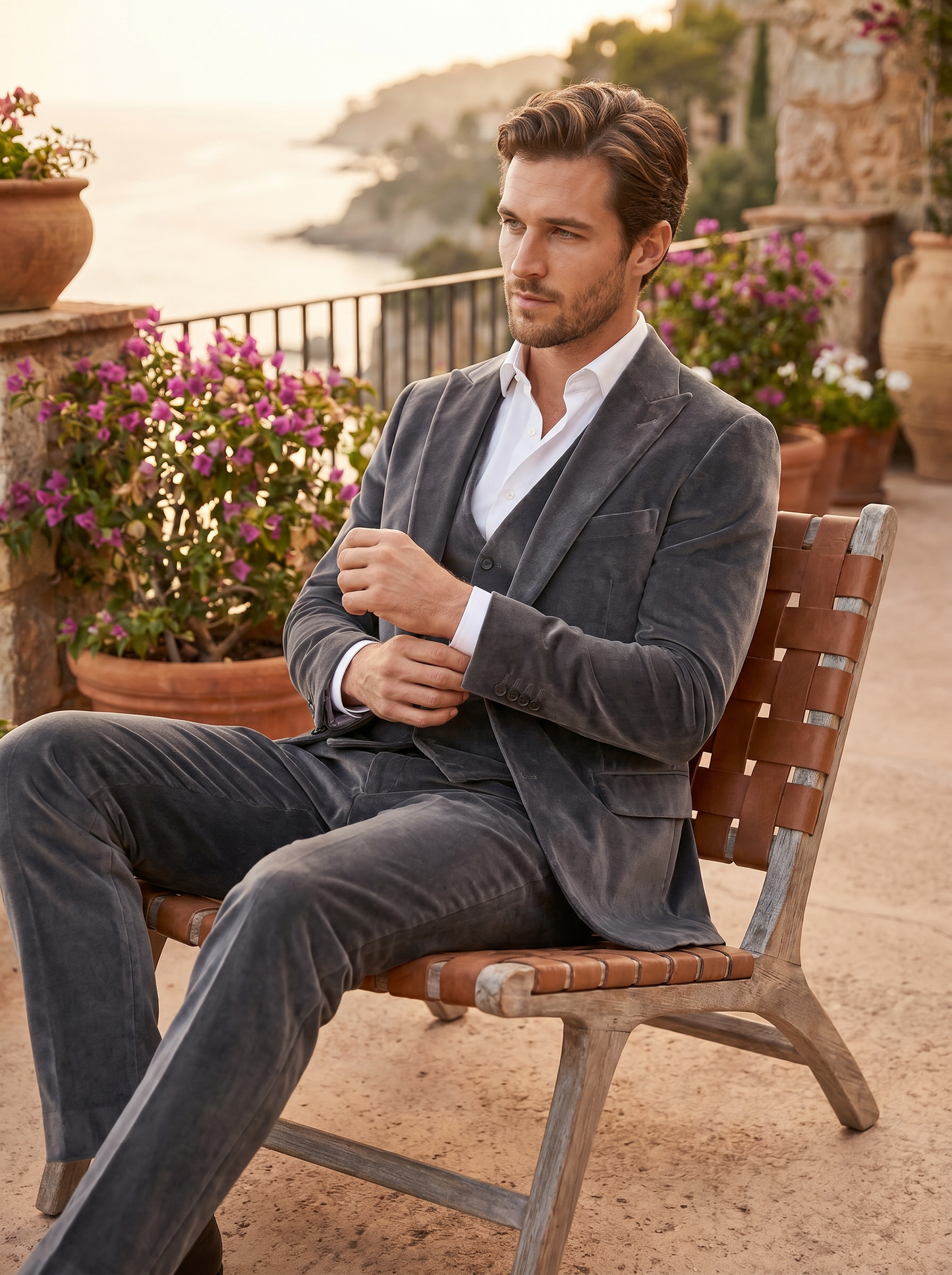 Graphite Gray Velvet 3-Piece Suit — Custom Made to Measure - seated view