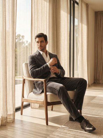 Graphite Gray Velvet Suit — Custom Made to Measure - seated view