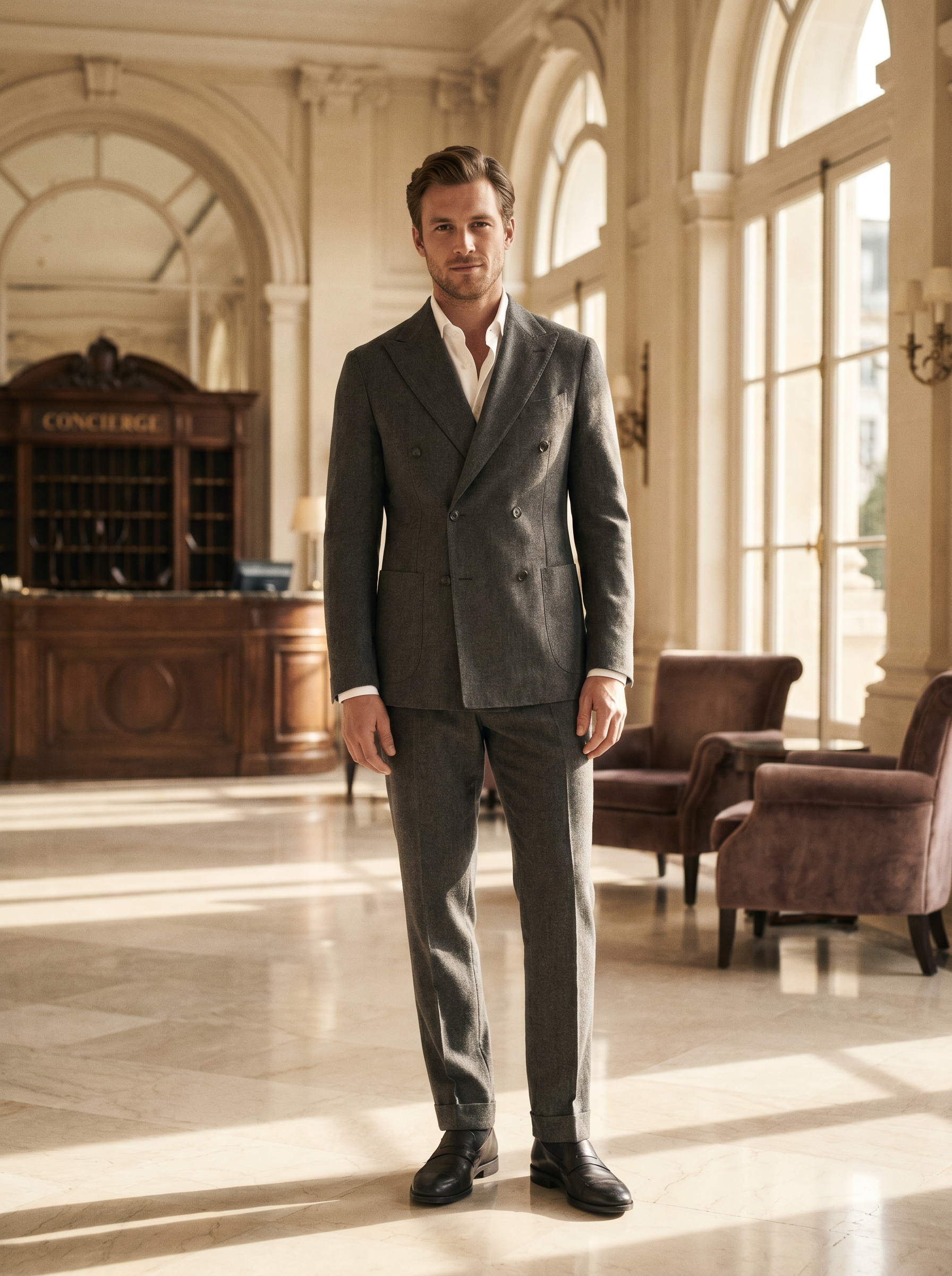 Gray Cotton Double Breasted Suit — Custom Made to Measure - front view