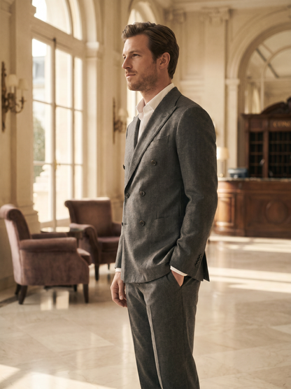 Gray Cotton Double Breasted Suit — Custom Made to Measure - side view