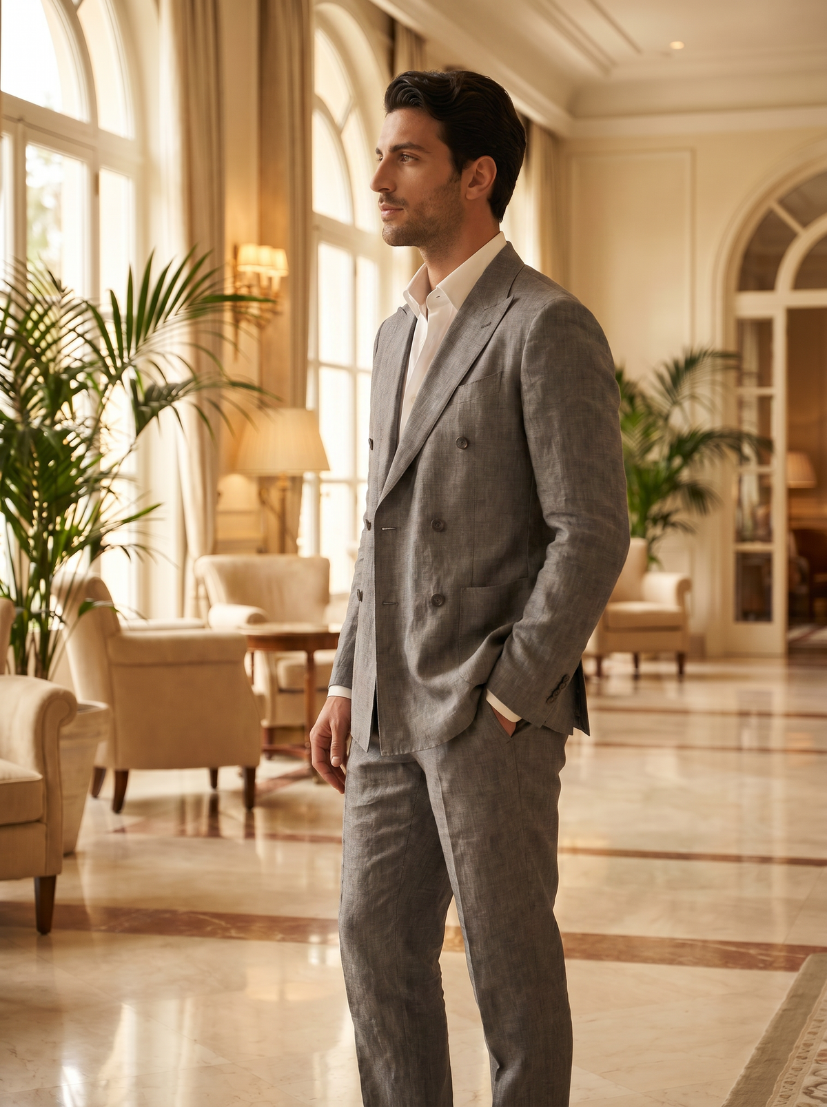 Gray Linen Double Breasted Suit — Custom Made to Measure - side view