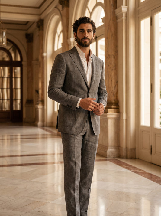 Gray Linen Groomsmen Suit — Custom Made to Measure - front view