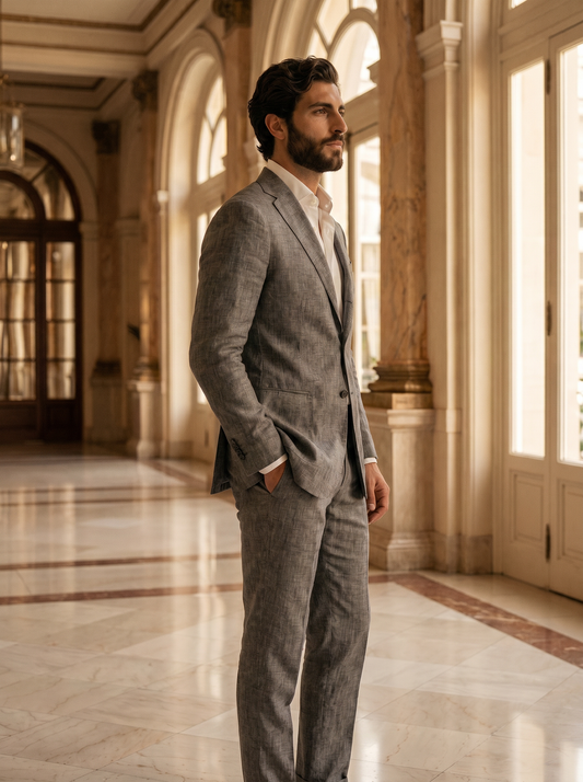 Gray Linen Groomsmen Suit — Custom Made to Measure - side view