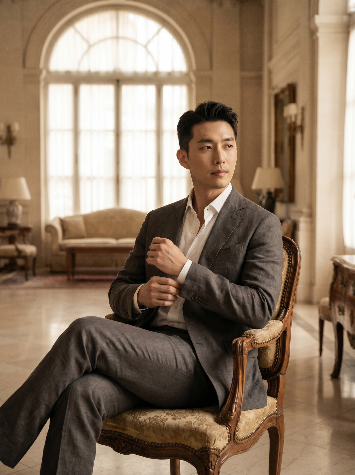 Gray Linen Suit — Custom Made to Measure - seated view