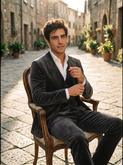 Gray Velvet 3-Piece Suit — Custom Made to Measure - seated view