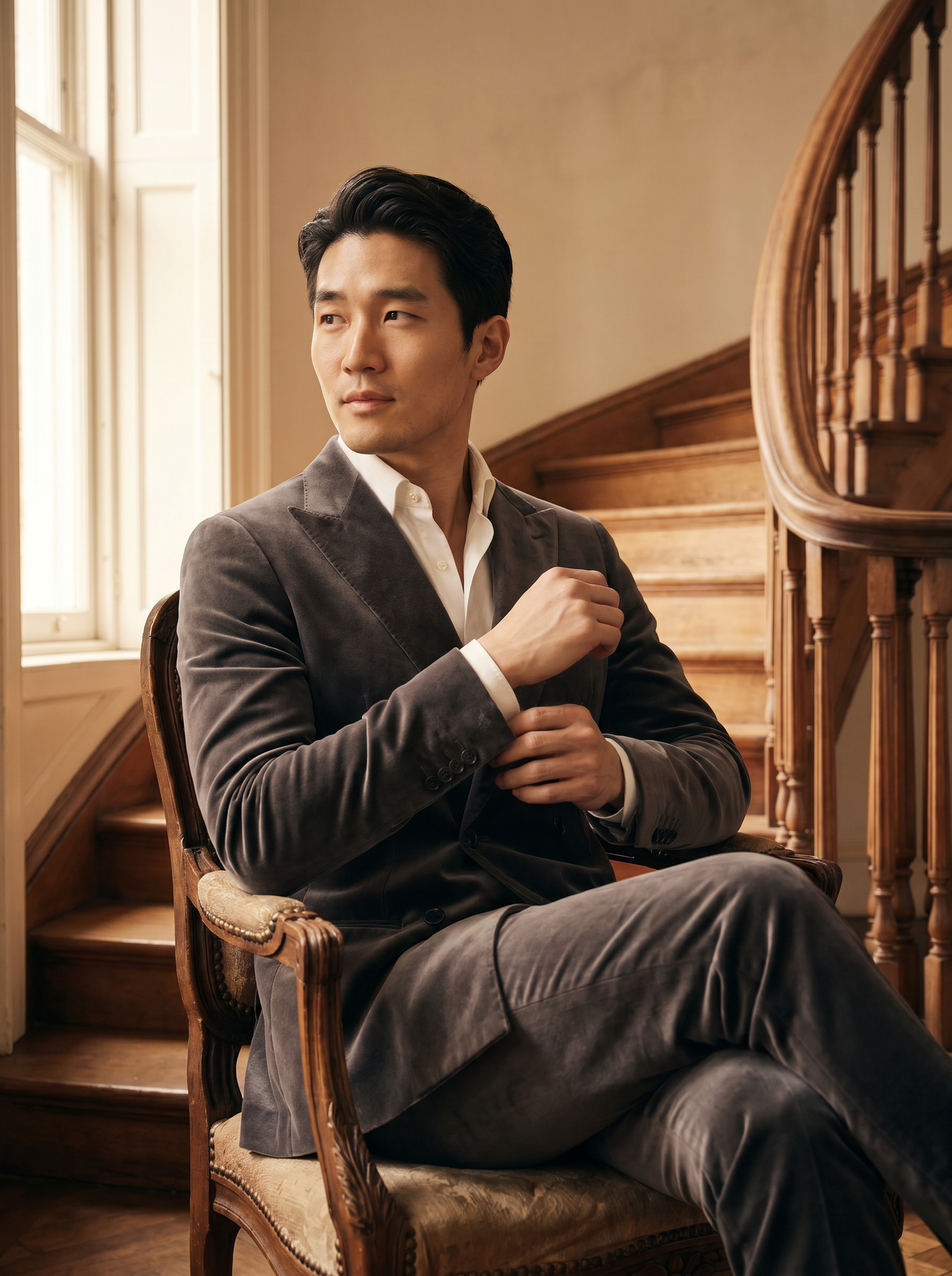 Gray Velvet Double Breasted Suit — Custom Made to Measure - seated view