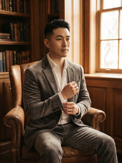 Gray Velvet Suit — Custom Made to Measure - seated view