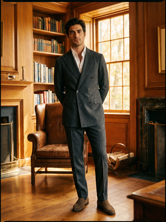 Gray Wool Double Breasted Suit — Custom Made to Measure - front view