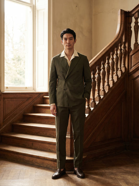 Green Cotton Double Breasted Suit — Custom Made to Measure - front view