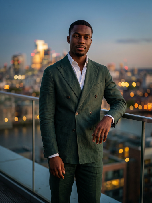 Green Linen Double Breasted Suit — Custom Made to Measure - front view